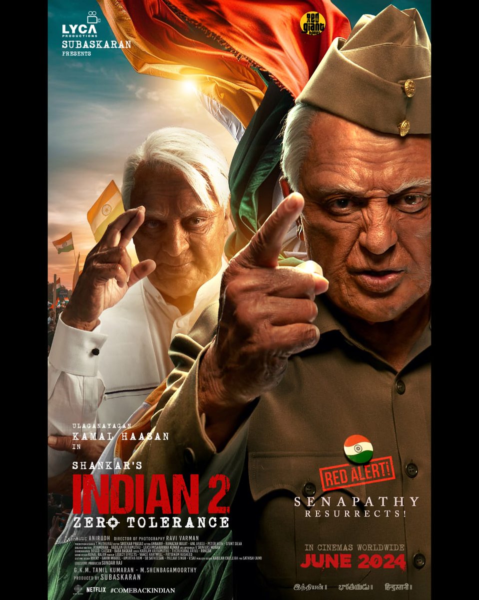 Senapathy🤞is all set to resurrect with zero tolerance in INDIAN-2. 🇮🇳 Gear up for the epic sequel in cinemas from June 2024. #Indian2 🇮🇳 #Ulaganayagan @ikamalhaasan 🎬 @shankarshanmugh 🎶 @anirudhofficial 📽️ @dop_ravivarman ✂️🎞️ @sreekar_prasad 🛠️ @muthurajthangvl 🌟 #Siddharth