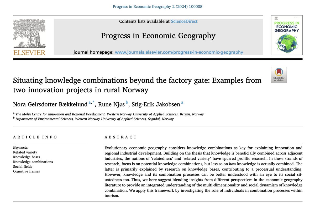 📗New paper published in Progress in Economic Geography: 'Situating knowledge combinations beyond the factory gate: Examples from two innovation projects in rural Norway' by @NoraBekkelund, @runenjos and @StigSjak sciencedirect.com/science/articl…