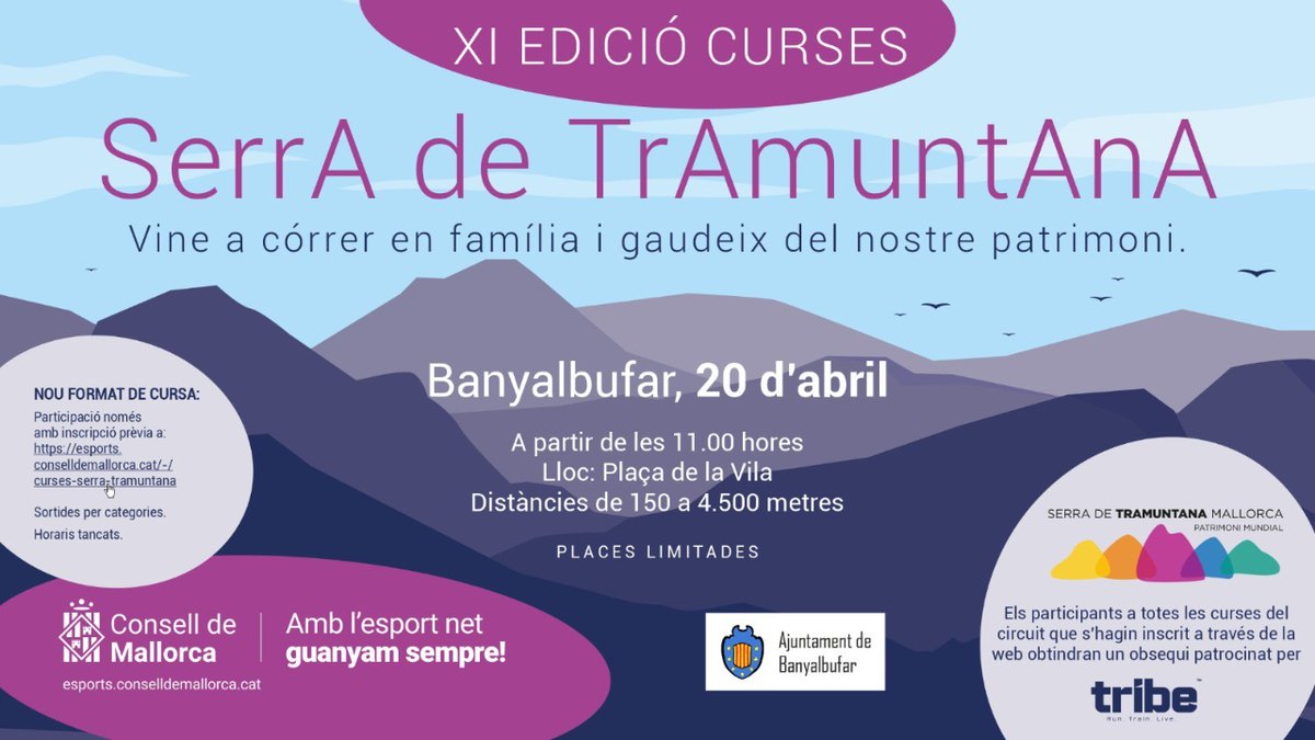 📣 Participa a la propera cursa del XI Circuit de Curses #SerradeTramuntana 📍 Banyalbufar. 📅 17 d'abril a les 11 h. Inscripcions ➡️ esports.conselldemallorca.cat/-/curses-serra… @SdeTramuntana @EsportsConsell