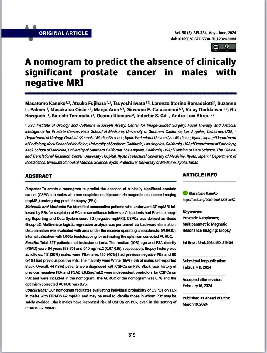 Thrilled to see our nomogram to predict the absence of CSPCa in patients with negative MRI featured on the cover of the @iIBrazJUrology! Kudos to @KanekoMasatomo for leading this project @ALDCAbreu @USC_Urology 👉🏼 intbrazjurol.com.br/pdf/vol50n03/v…