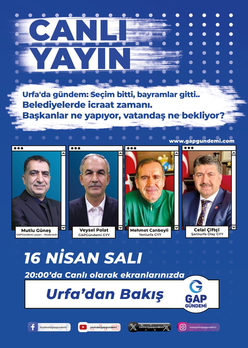 🔵Urfa'da gündem: Seçim bitti, bayramlar gitti.. 🔵Belediyelerde icraat zamanı. Başkanlar ne yapıyor, vatandaş ne bekliyor? 🔵Hepsi ve daha fazlası #Şanlıurfa'lı Gazetecilerin yorumları ile yarın akşam 20:00'da 'Urfa'dan Bakış' da sizlerle... @mehmetgazeteci @mutlugunes…