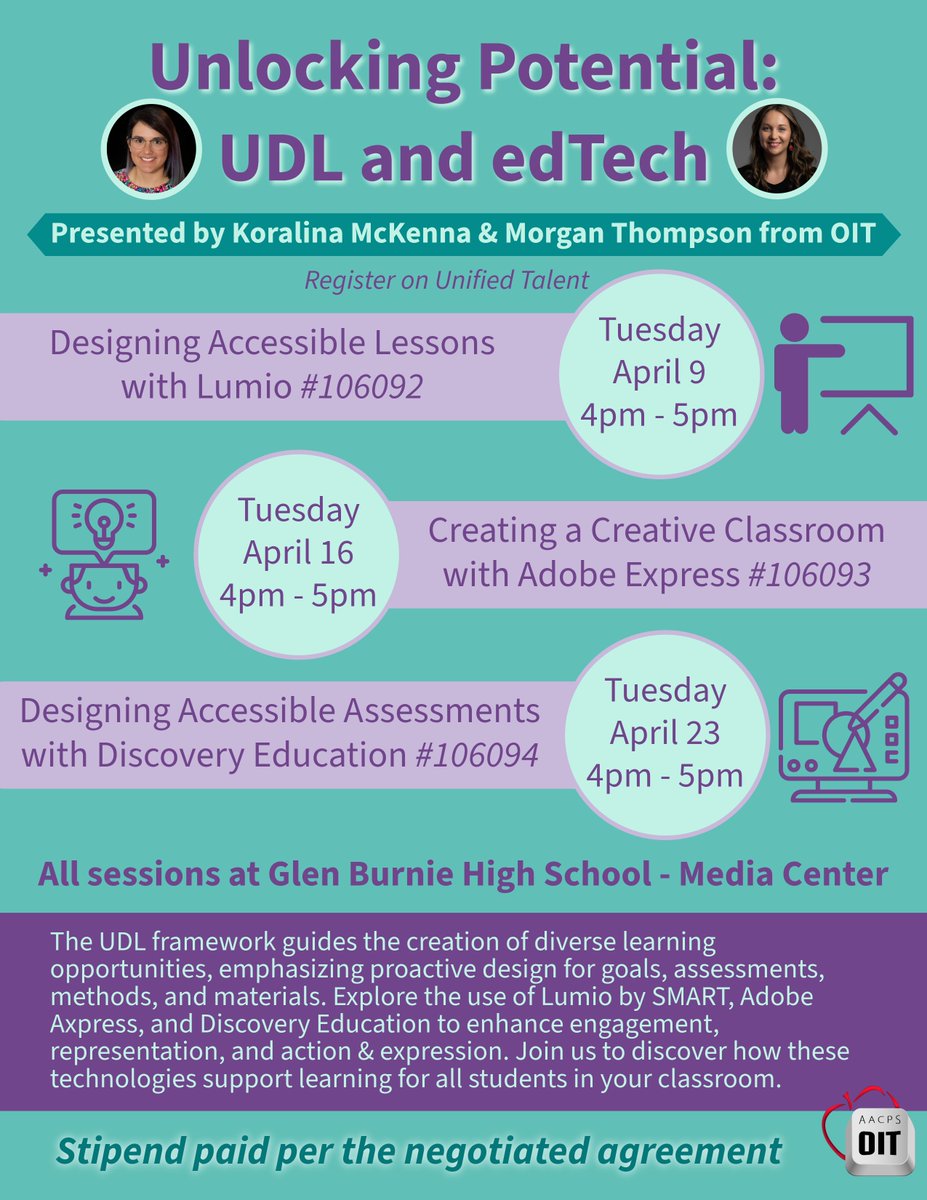 Consider joining Koralina and Morgan for one or more of their Unlocking Potential: UDL & edTech series! In-Person PD's held at Glen Burnie High School from 4-5pm. Register via Unified Talent (see flyer for section numbers). @AdobeForEdu @DiscoveryEd @LumioSocial #AdobeEduCreative