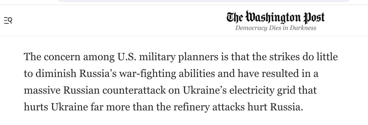 The Biden admin has told Ukraine to stop attacking Russia's oil refineries. One US concern is that these strikes will raise energy prices during Biden's re-election campaign. Another, according to the Washington Post, is that 'the strikes do little to diminish Russia’s…