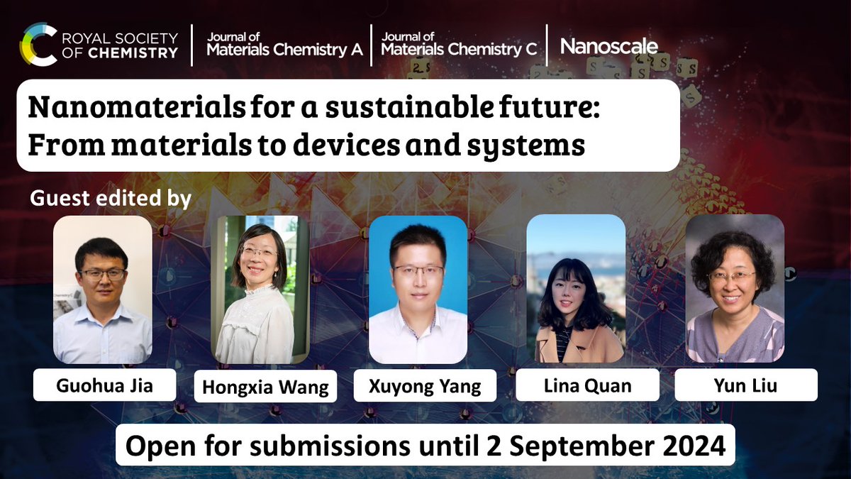 📢Open call! @JMaterChem A & C and @nanoscale_rsc are open for submissions for a cross-journal themed collection on 'Nanomaterials for a sustainable future' Submission deadline is 2nd September - don't miss your chance to feature! Find out more at blogs.rsc.org/jm/2024/03/20/…