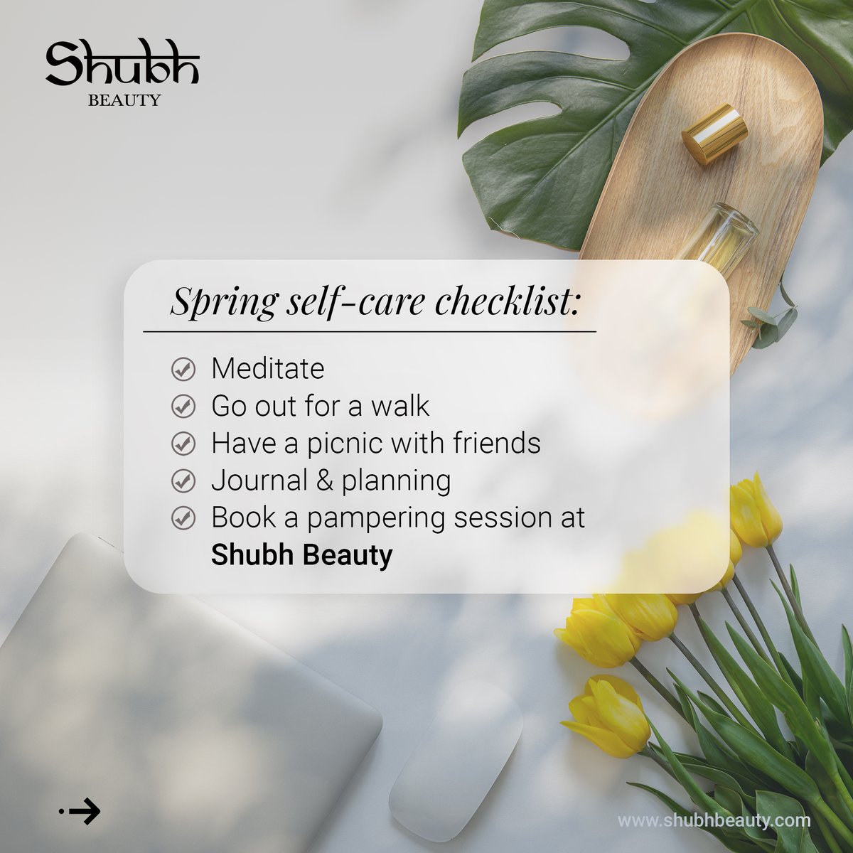 Make the most of the springtime vibes with our self-care to-do list. Indulge in the simple pleasures of the season, including a pampering session at Shubh Beauty!
.
.
.
#SpringSelfCare #SelfCareSeason #PamperYourself #SpringtimeIndulgence #Relax #Beauty #Salon #ShubhBeauty