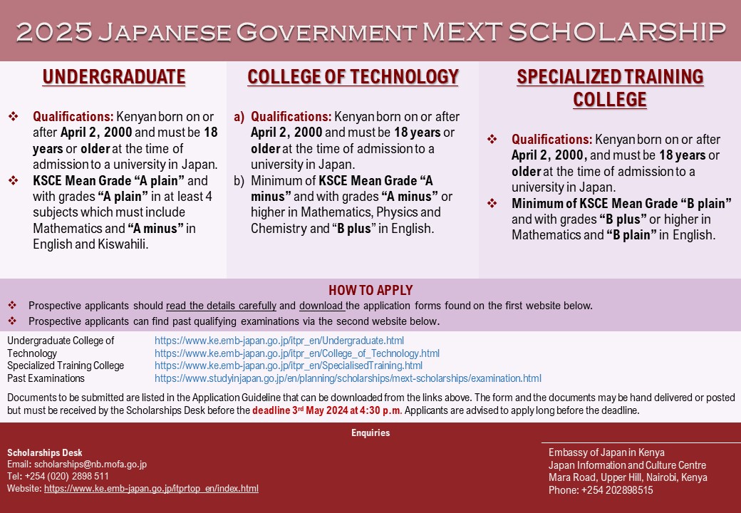 We are happy to announce that the 2025 MEXT Scholarship for undergraduate students is now open! The application Deadline is 3rd May 2024. For more information, follow this link bitly.ws/3hmb5.