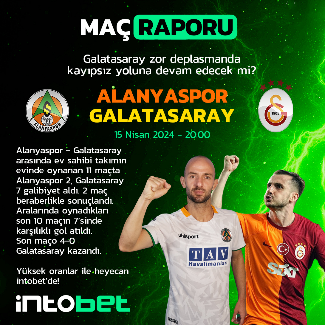 📢 Deplasmanda oynadığı son beş Süper Lig maçını kazanan Galatasaray, Alanyaspor’un konuğu olacağı maçta seriyi sürdürebilecek mi? Süper Lig heyecanına yüksek oranlarla #intobet’te ortak olun! intobet Giriş: bit.ly/3vjtcub