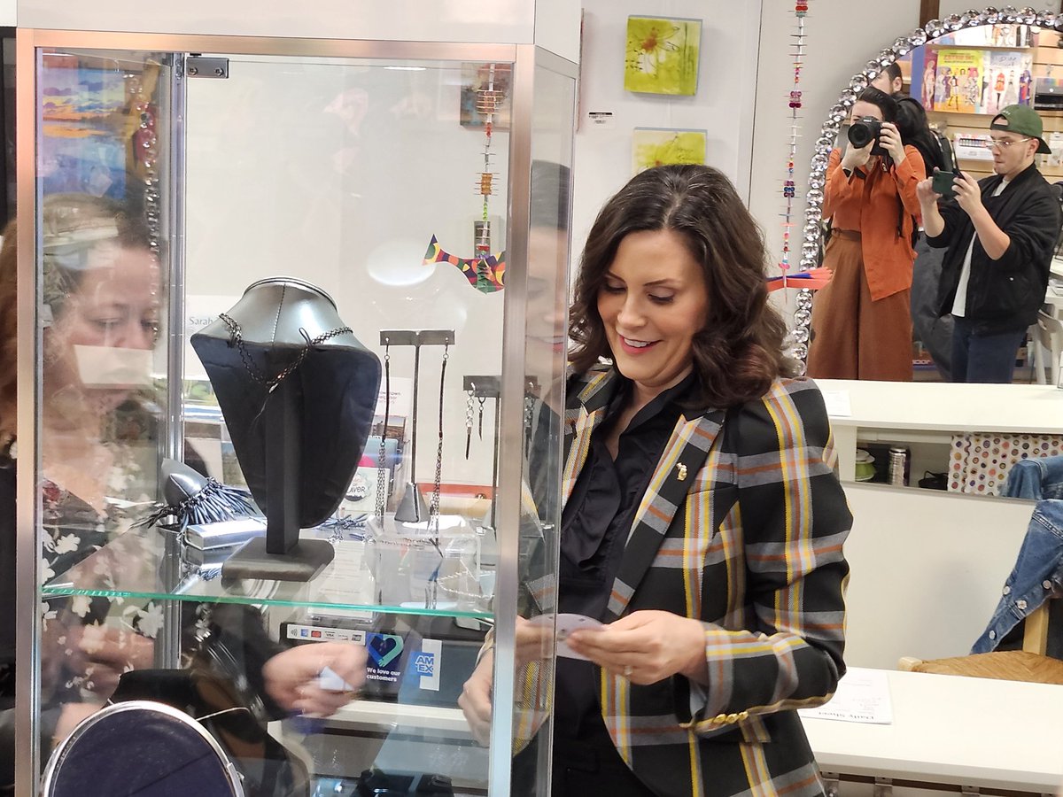 In Grand Rapids this morning as @GovWhitmer talks recently signed bipartisan economic growth and development legislation giving local Kent Co. governments the power to raise revenue for community improvement projects. Gov checked out some local wares prior to the event (up next).