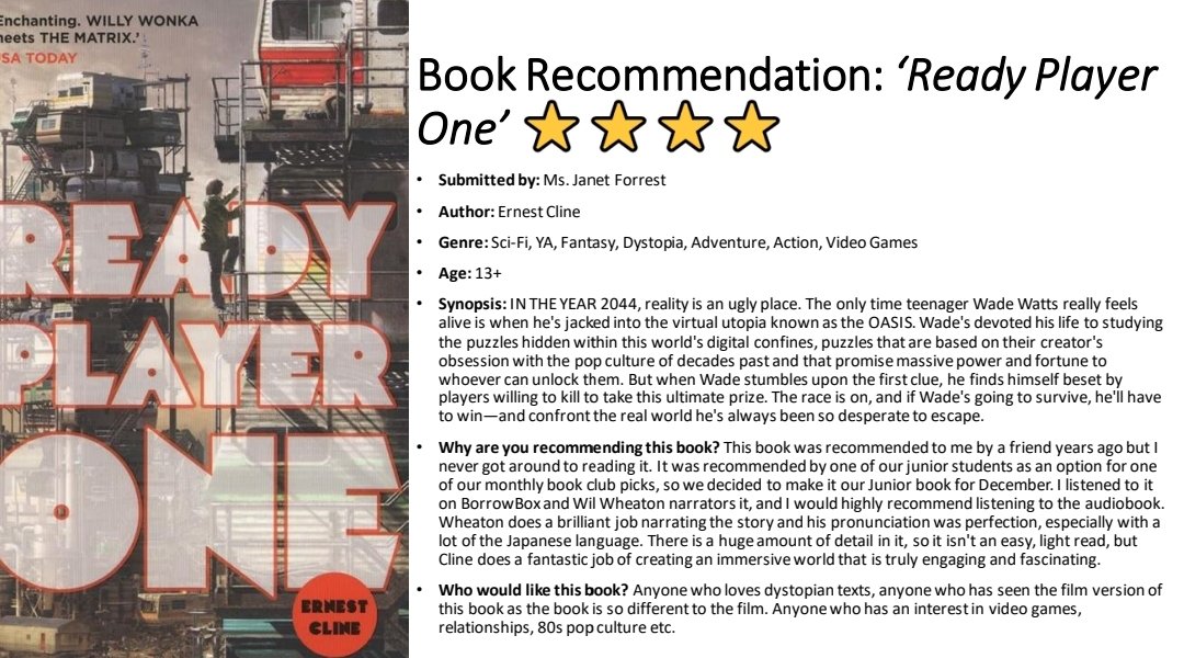 This exciting novel was one of our Junior Book Club books this year and it was very well received. With an exciting film that accompanies this book, and a brilliant audiobook version, it is top of our list as an all time favourite ⭐⭐⭐⭐