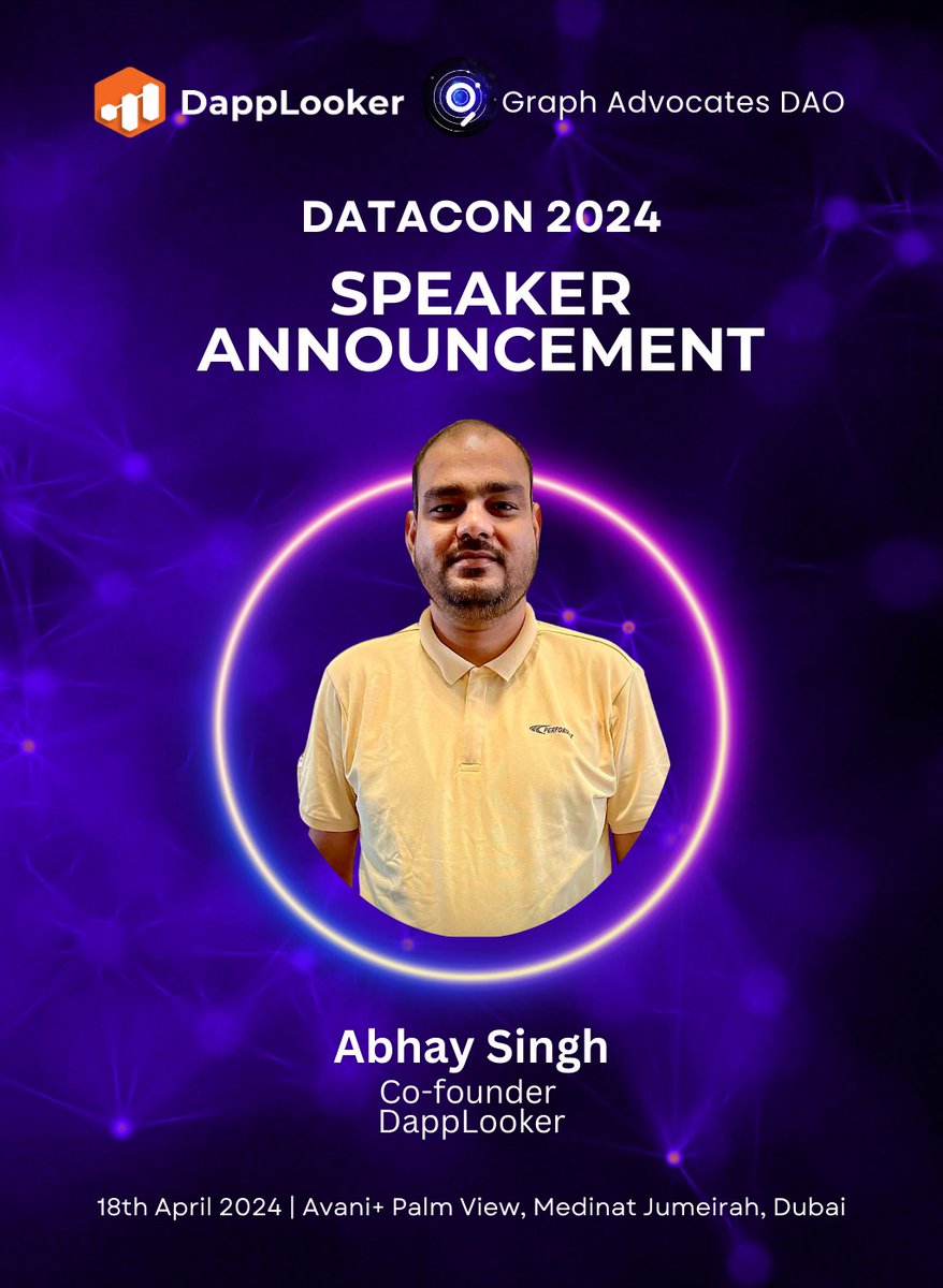 📢 #DataCon2024 Speaker Spotlight 🎉 We're thrilled to reveal our esteemed speaker for DataCon2024 at @Token2049 Dubai @abhayait Abhay Singh, Co-founder and CEO of DappLooker, A No-Code Web3 Business Intelligence & Analytics Hub that helps you grow Web3 businesses by