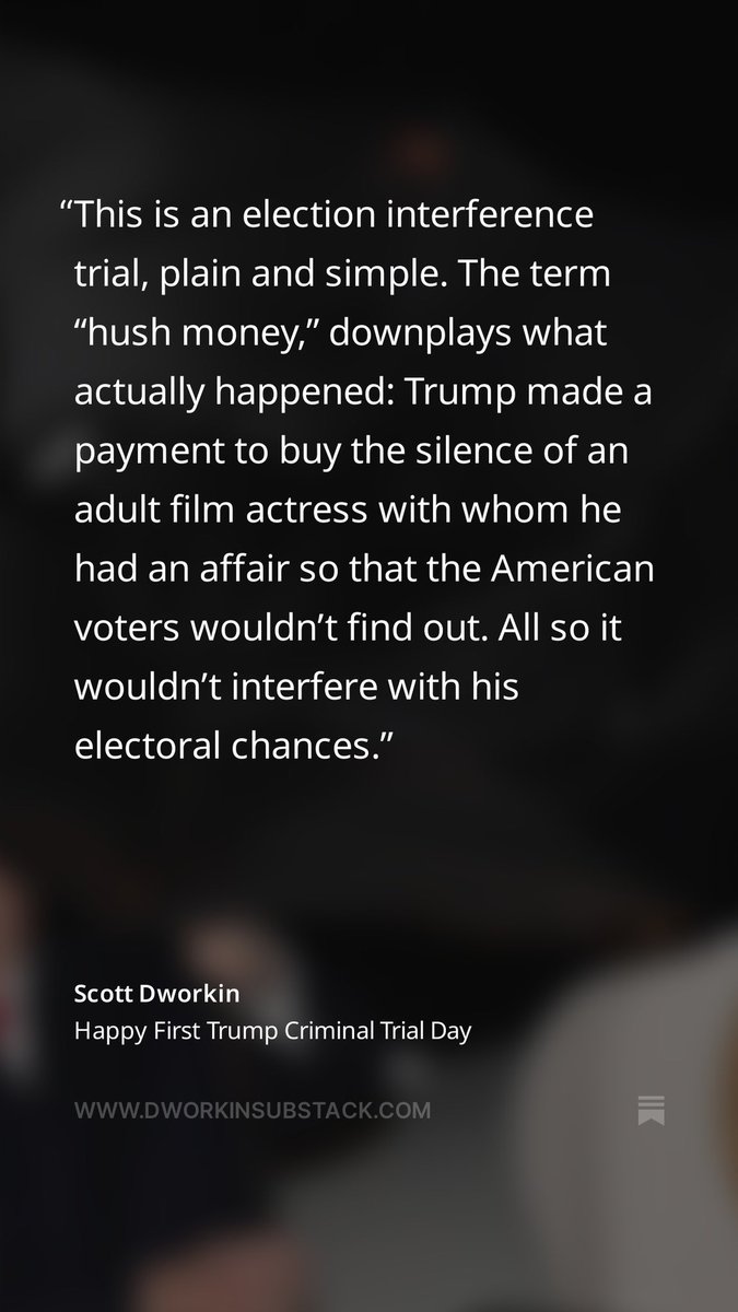 🙏🏻Scott Dworkin at the Dworkin Report on Substack: “Americans are about to find out just how far the disgraced former guy went to interfere in the 2016 election & hide his cheating from voters.” Don’t let the media portray this as a “hush money” trial the way Trump wants it to be