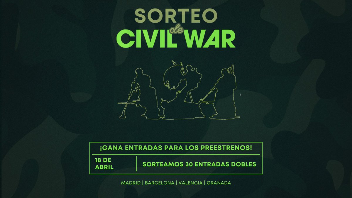 ¡SORTEO DE ENTRADAS! ¿Quieres ser uno de los primeros en ver 'Civil War' en Madrid, Barcelona, Valencia o Granada? Solo tienes que: 1️⃣ Seguirnos en @deaplaneta 2️⃣ Hacer RT a este tuit 3️⃣ Menciona a una persona con la que irías a la guerra y dinos si quieres la entrada para