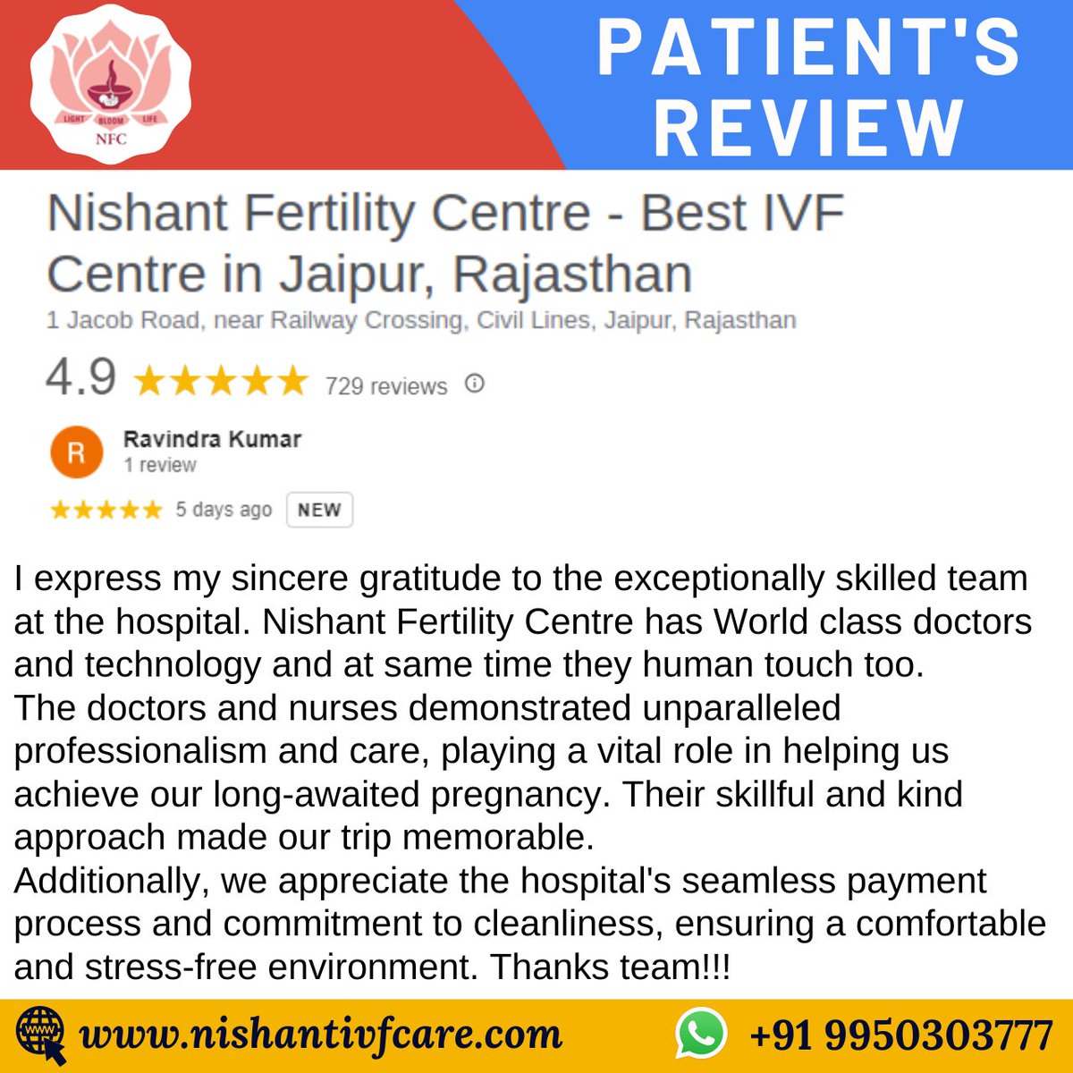 The happiness of our patients is our top concern! 
Call- +91 9950303777

#testimonials #feedbacks #reviews #googlereview #happypatient #ivfcost #testtubebabycentre #ferilitytreatment #infertility #fertilityclinic #Trending #Twitter #ivfbaby #Nishnat #ivf #jaipur #drnishantDixit