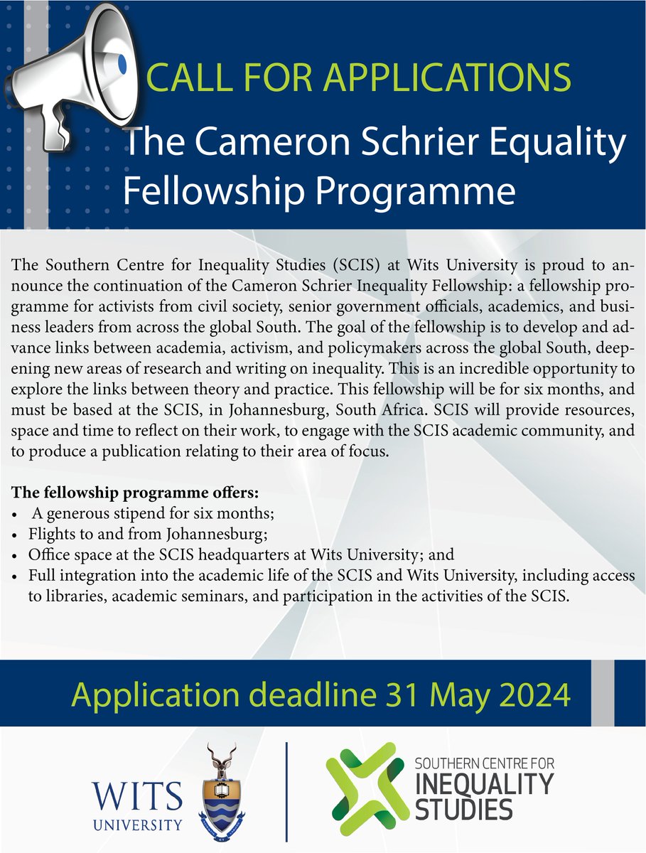 Southern Centre for Inequality Studies (@wits_scis) on Twitter photo #Fellowship Programme
Are you an activist or a policy maker looking to explore the links between theory and practice? We have an opportunity for you, the applications for <a href="/Wits_SCIS/">Southern Centre for Inequality Studies</a> Cameron Schrier Equality Fellowship Programme are now open!
More👉tinyurl.com/bszy6tu7 #Fellowship Programme
Are you an activist or a policy maker looking to explore the links between theory and practice? We have an opportunity for you, the applications for <a href="/Wits_SCIS/">Southern Centre for Inequality Studies</a> Cameron Schrier Equality Fellowship Programme are now open!
More👉tinyurl.com/bszy6tu7