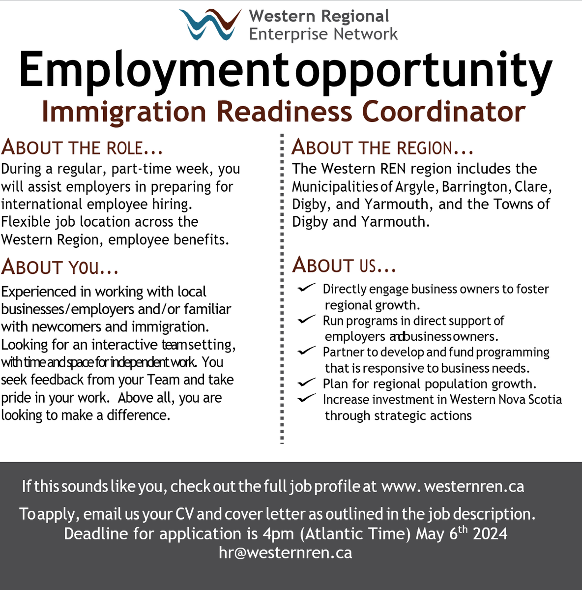 We're hiring!

Western REN is looking for someone to join the team as our Immigration Readiness Coordinator!

To learn more about this job opportunity, head on over to bit.ly/3xDAASr

It's a great opportunity to join an awesome team