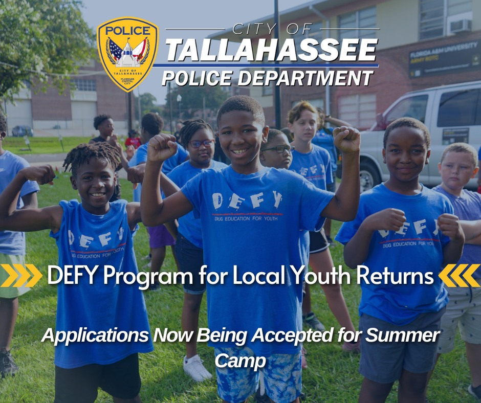 TallyPD's tweet photo. The Tallahassee Police Department is pleased to announce the return of the 21st annual Drug Education for Youth (DEFY) Summer Leadership Camp. DEFY is a free prevention program for kids ages 9-12. For more details about the camp, click here: https://t.co/CJmDA4nfTx https://t.co/ii3f1Qdr3E