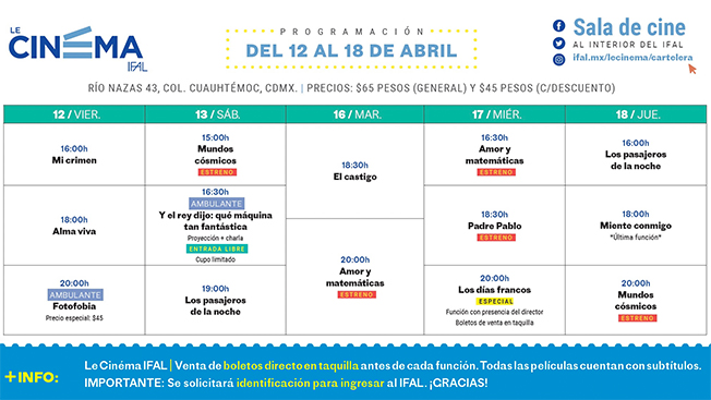 🎬 #Cine | Cartelera #LeCinémaIFAL del 12 al 18 de abril 🎥🍿