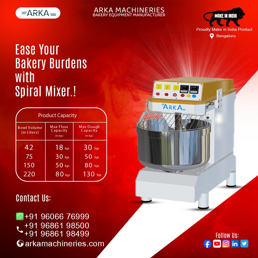 ARKAMachineries's tweet image. Introducing our Spiral Mixer: Your Culinary Maestro!
Our mixer orchestrates the perfect blend of ingredients, ensuring consistency and quality in every batch. 

WhatsApp: +91 96066 76999
Phone: +91 96861 9850
#Doughmixing #kitchenequipments #BakersGonnaBake #SpiralTechnology
