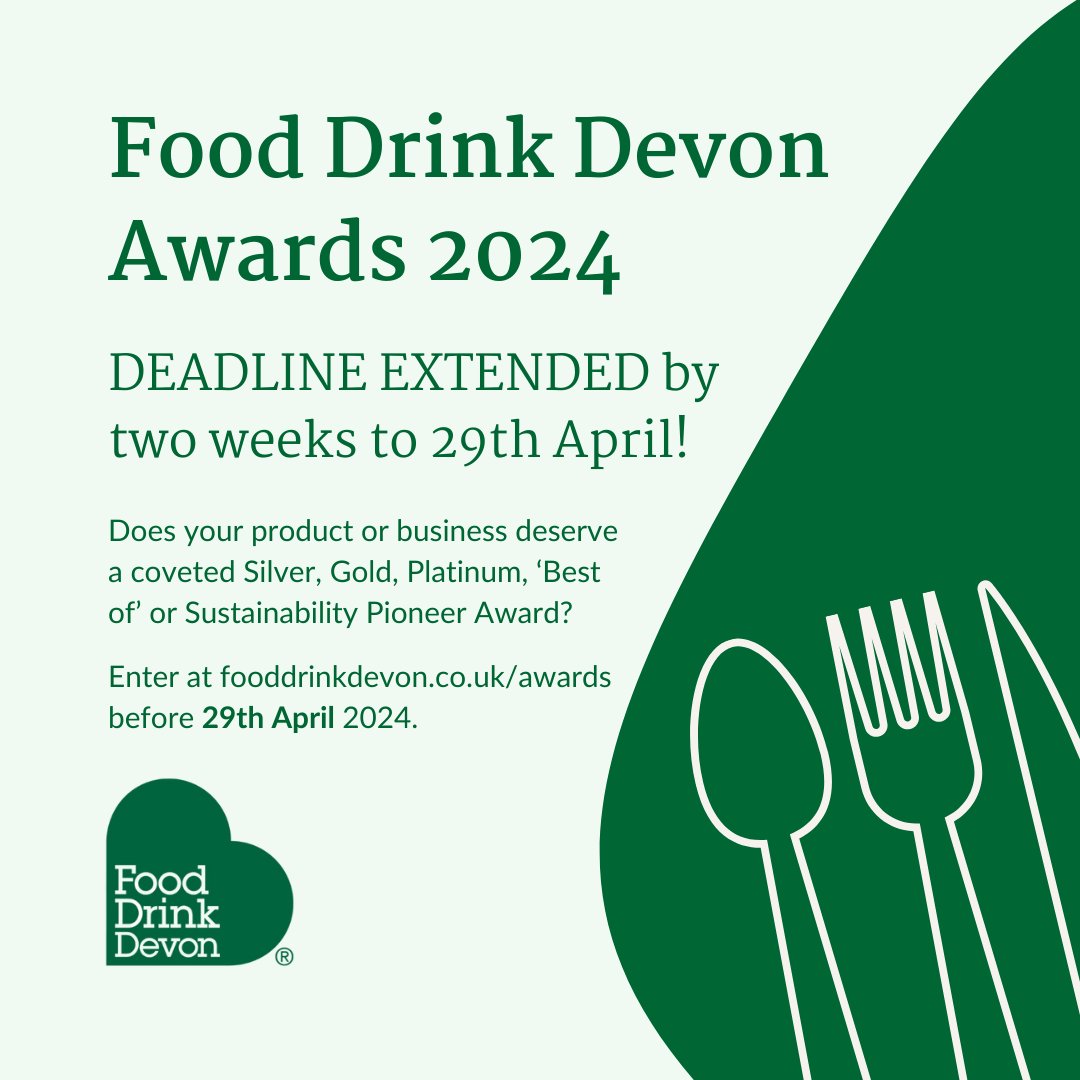 The deadline to enter the 2024 Food Drink Devon Awards has been extended by two weeks to 29 April. Product, hospitality and retail judging will begin once entries have closed. Any queries about awards please email ali@fooddrinkdevon.co.uk Enter here: fooddrinkdevon.co.uk/awards/
