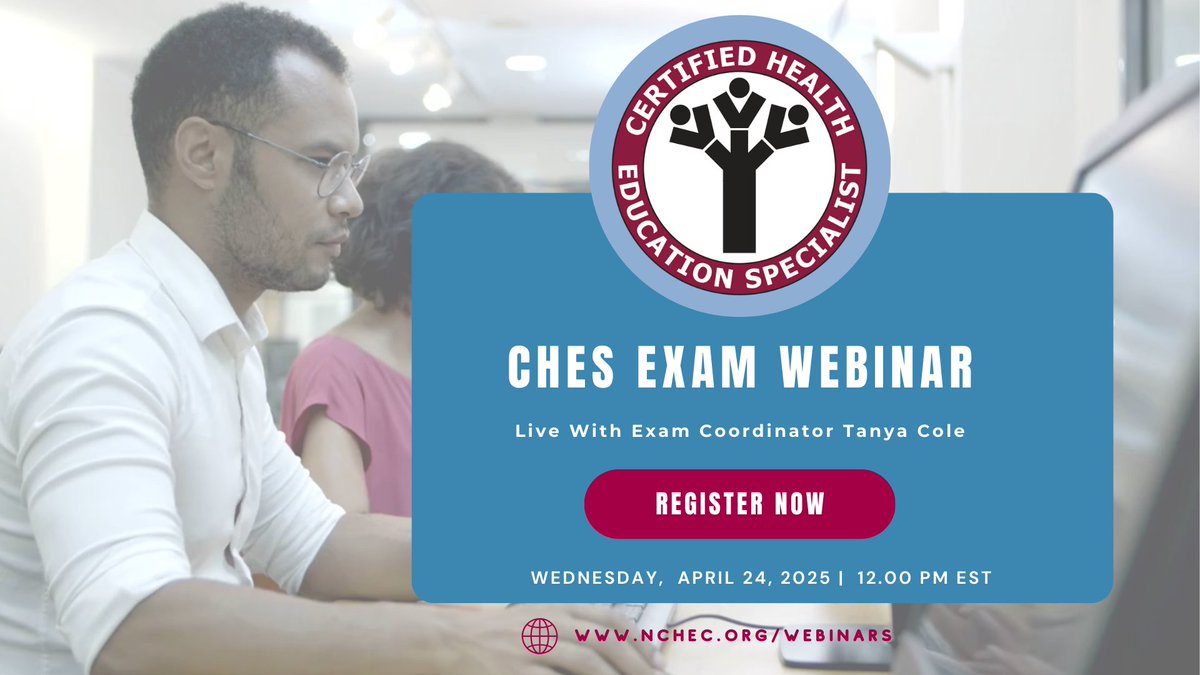 Have questions about the #CHES exam? Register for our live webinar with NCHEC's CHES Exam Coordinator, Tanya Cole, and have them answered! Wednesday, April 24, 2024 | 12 - 1 pm EST The webinar will be recorded. Link to register: ow.ly/wlLA50RaNva #certification