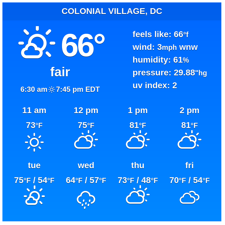 🇺🇸 ColonialVillage, DC - Long-term weather forecast

In #ColonialVillage, #weather will be unstable, and a combination of cloudy,... 

✨ Explore: weather-us.com/en/district-of…

 #dcwx  #districtofcolumbia