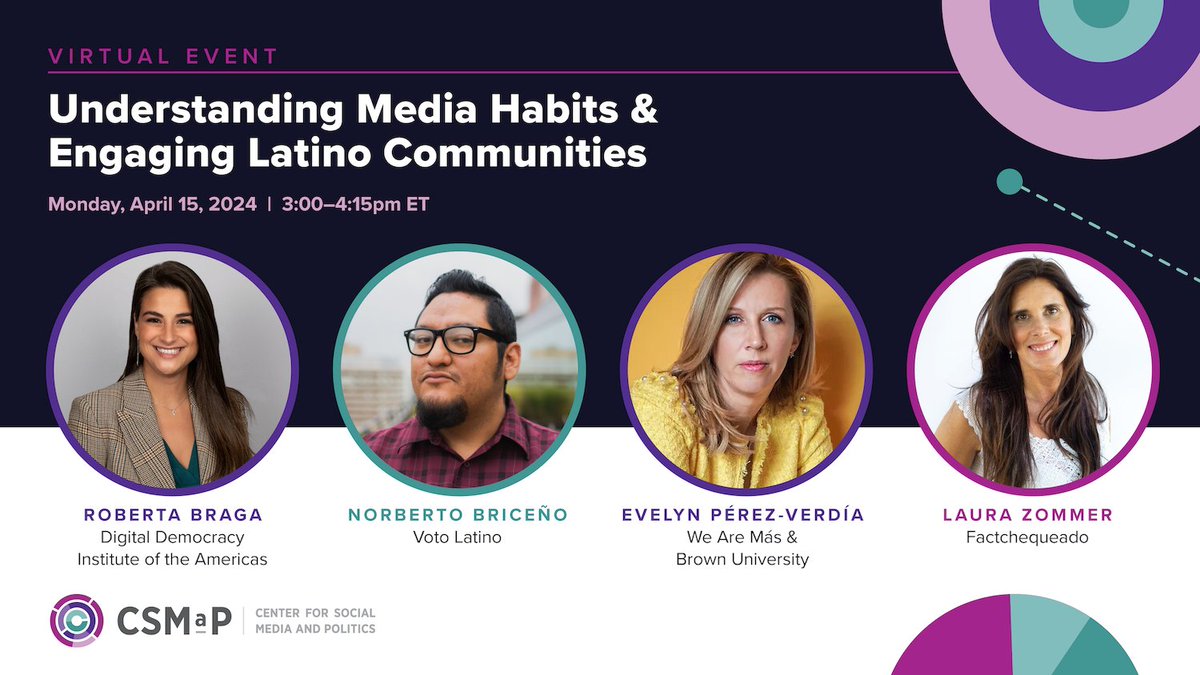 Join us TODAY at 3pm ET for our event featuring: ➡️ New research on Latino online media habits & belief in misinformation ➡️ Discussion of the challenges our digital media ecosystem presents for engaging Latino communities in politics nyu.zoom.us/webinar/regist…
