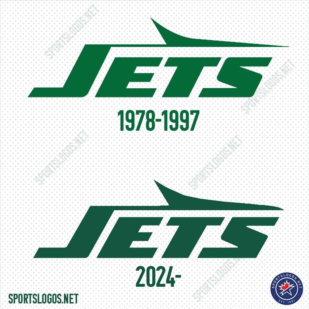 In addition to new uniforms, the New York Jets also changed their logo today, going back to a style almost exactly the same as what they used from 1978-97. Here's a side-by-side where you can see changes to the lettering and the jet itself. #NYJ More: news.sportslogos.net/2024/04/15/new…