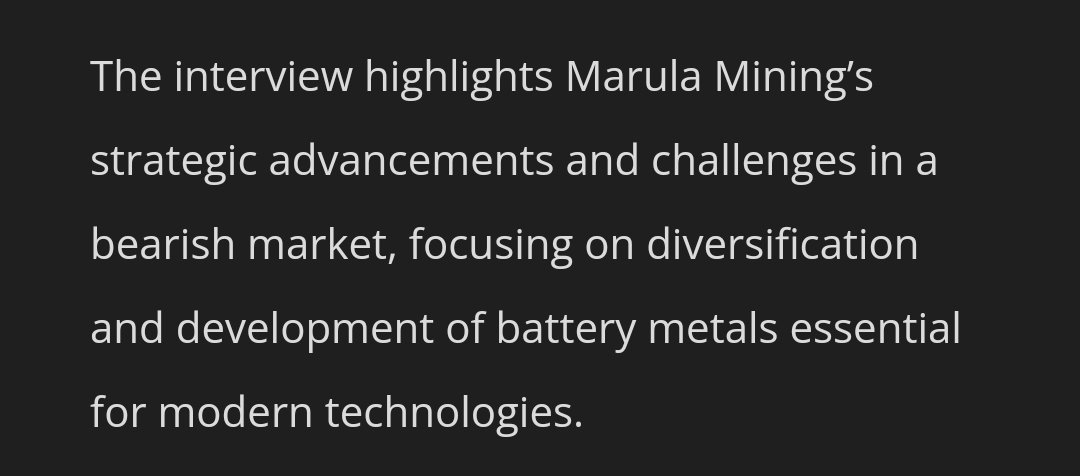 Chuggley1's tweet photo. The interview highlights Marula Mining’s strategic advancements and challenges in a bearish market, focusing on diversification and development of battery metals essential for modern technologies.
@MarulaPlc @Share_Talk @ZaksTradersCafe #maru #lithium #manganese #graphite #copper https://t.co/XufLDgucO5