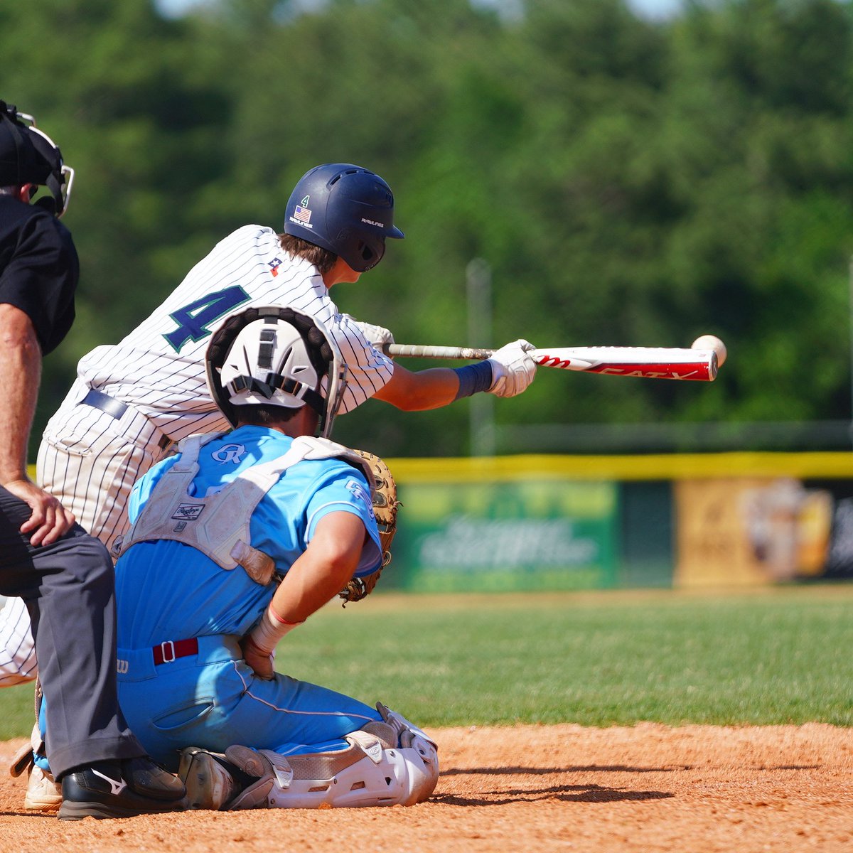 Baseball: Christopher Worley (class of 2025) of College Park High School attempts a bunt during the Oak Ridge at College Park District 13-6A Baseball game on Saturday, April 13, 2024