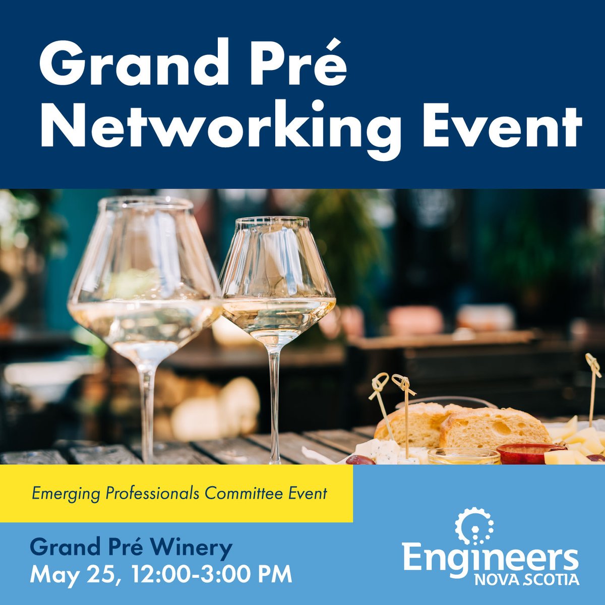 Enjoy a wine tasting and finger food at the Grand Pré Winery on May 25 in the beautiful Annapolis Valley. Register to meet other members of the Kentville/Wolfville engineering community and celebrate the end of spring: engineersnovascotia.ca/events/view/?e…