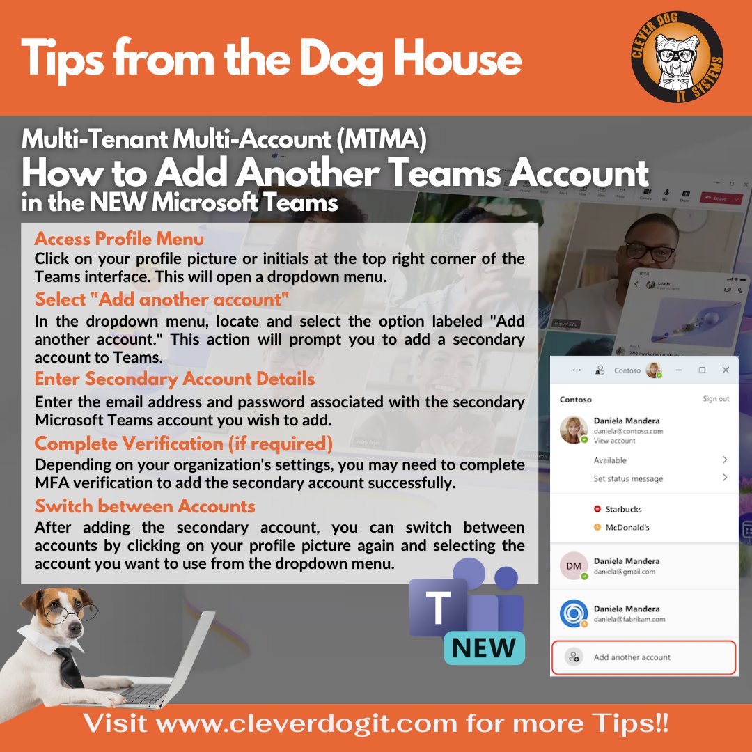MTMA in new Teams lets you log in to multiple accounts easily. 
Visit
cleverdogit.com/tips
for more IT tips from the Dog House!

#microsoft #teams #microsoftteams #MTMA #tipsfromthedoghouse #ittips #itserviceprovider #celevrdogitsystems #ottawa #canada