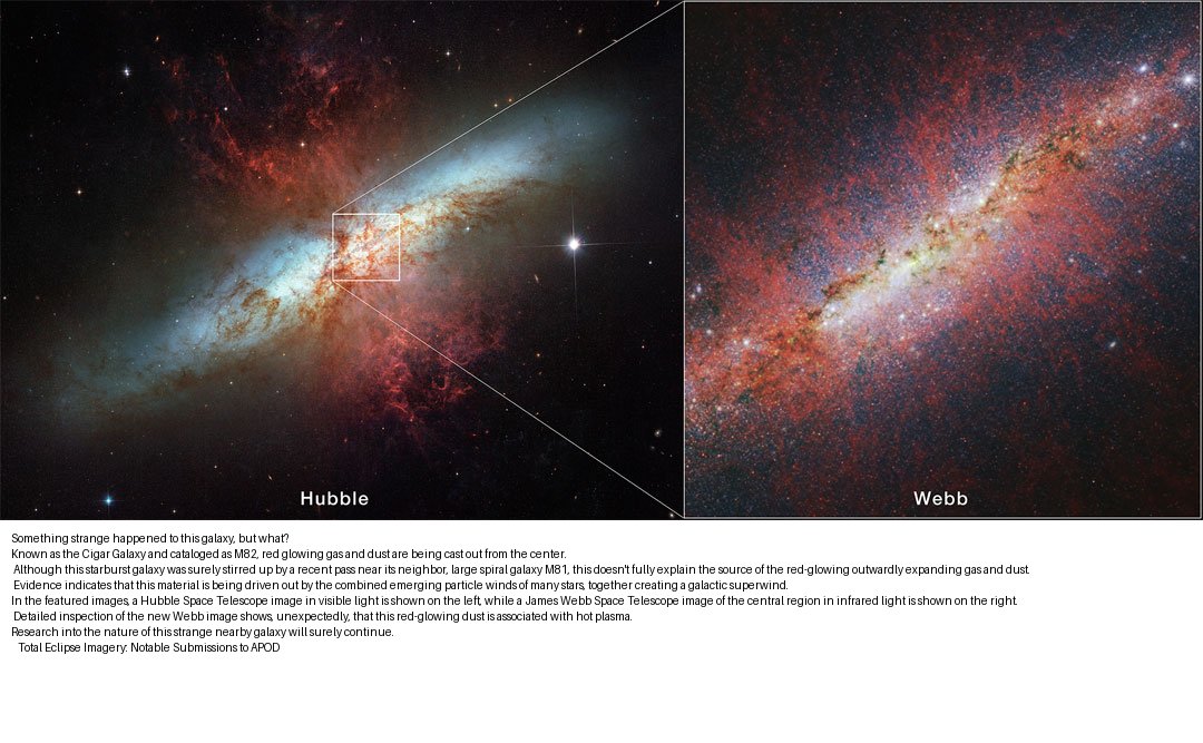 Check out today's Astronomy Picture of the Day:

The Cigar Galaxy from Hubble and Webb 
Image from @Aus10va's Nasa APOD web app & NASA API(aus10-io-nasaapod.streamlit.app) #recycleright #zerowaste #SustainabilityinAction