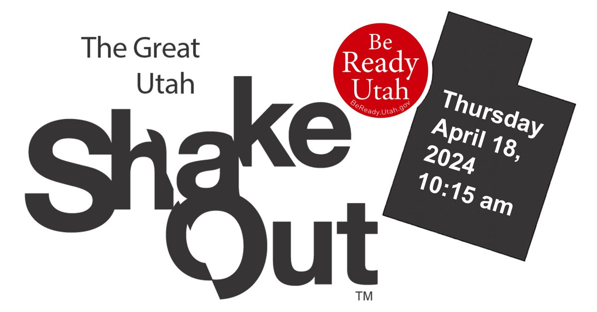 #Prepare for living in quake country: In the event of an earthquake – DROP, COVER, and HOLD ON. Register NOW for the Great Utah #ShakeOut on April 18, 2024. THURSDAY IS THE DAY! Let’s shake, rattle and roll! Register with @UtahShakeOut here: ow.ly/wdNE30iHBb2.