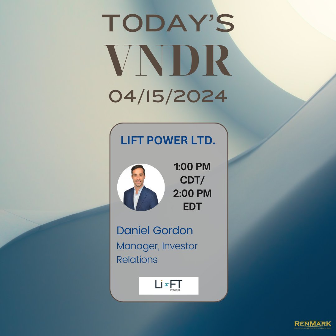 Start the week of right! Join us as we present Li-FT Power Ltd.'s Virtual Non-Deal Roadshow! #RenmarkVNDR Registration: LIFT: ow.ly/2HOq50Rcf4E #LIFT #LIFFF #minerals #exploration #lithium