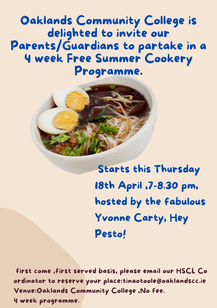 A reminder of this super opportunity for our parents and guardians to get involved in a great cookery course with the wonderful @heypesto @heypesto ! Starting this week - registration details in the poster.