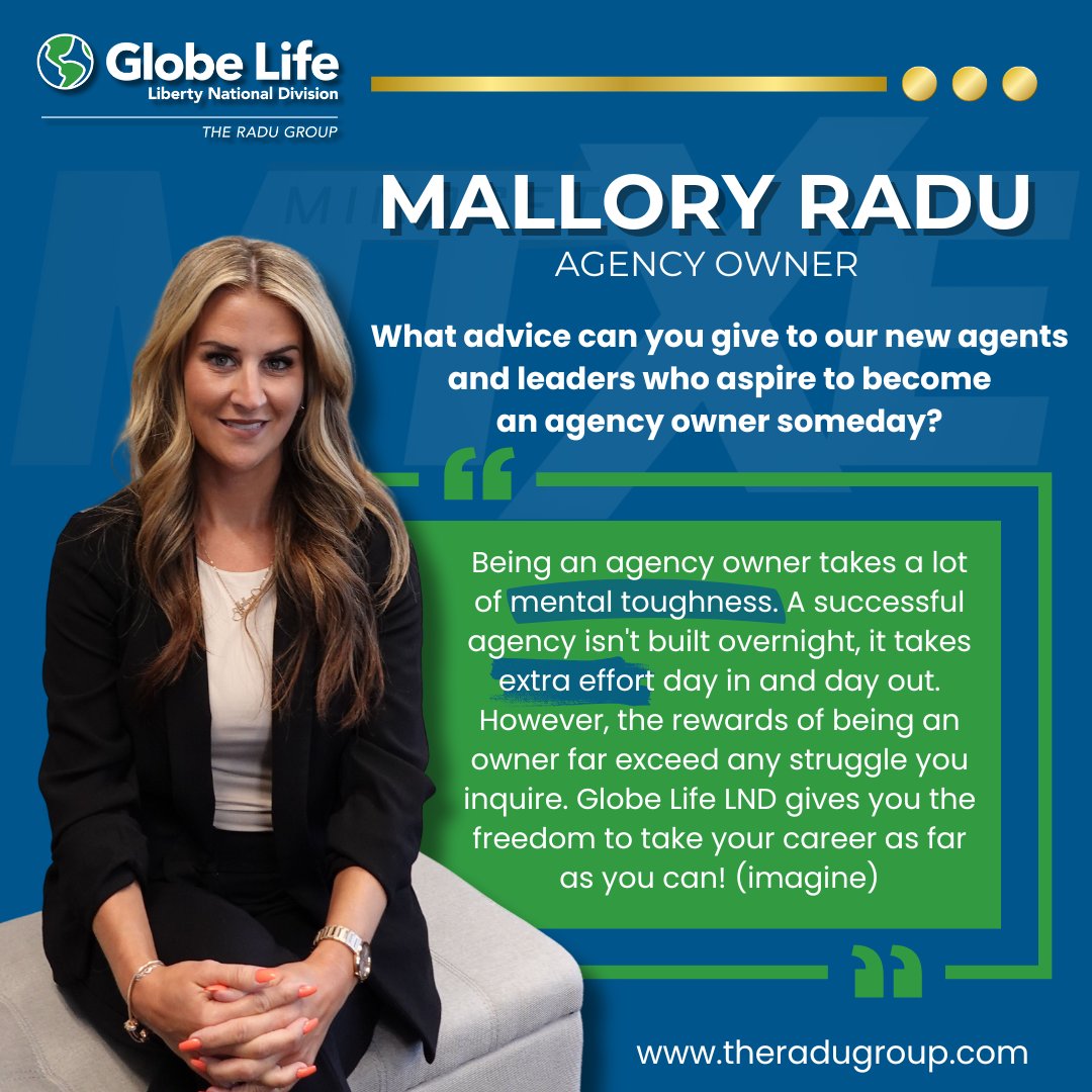 Our agency owner, Mallory, shares invaluable advice for aspiring leaders and new agents who want to become agency owners. Stay tuned for more insights from other leaders! 💼🗣️

#TheRaduGroup #GlobeLifeLND #GlobeLifeStyle #AgencyOwner #Leader #Leadership