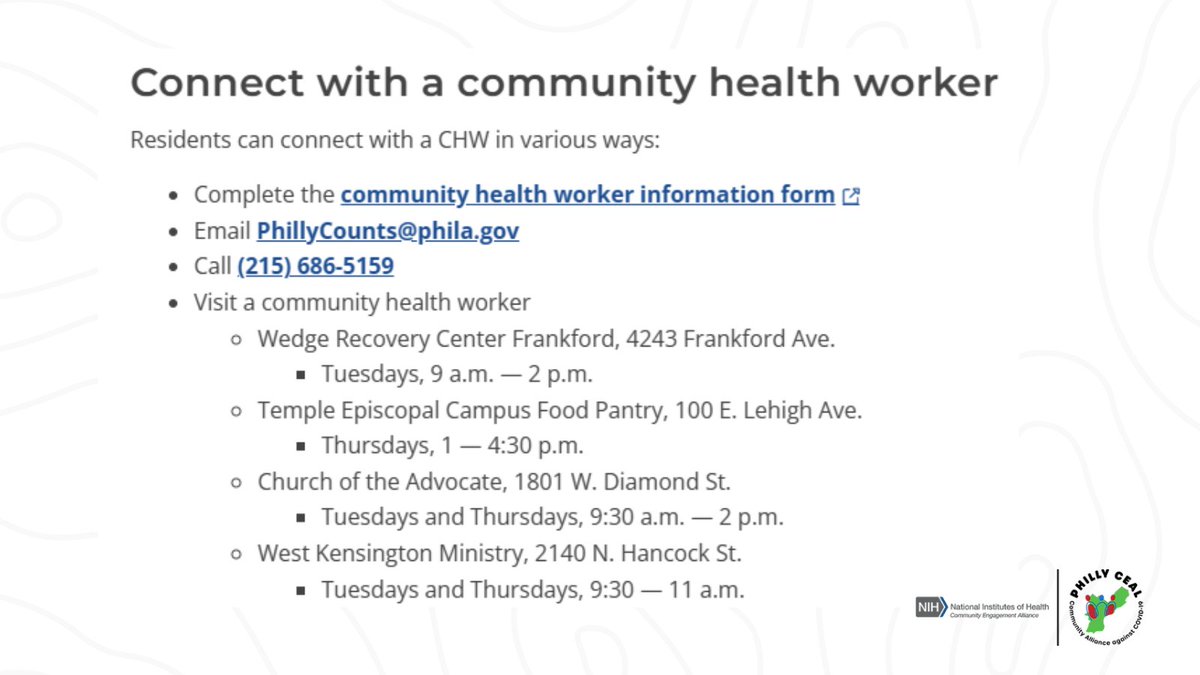 In 2022, Philly Counts launched a Community Health Worker program with the Philadelphia Department of Public Health.

 Workers help with mental health access, utility assistance, transportation for medical visits, food insecurity, and COVID-19 vaccination and recovery resources.