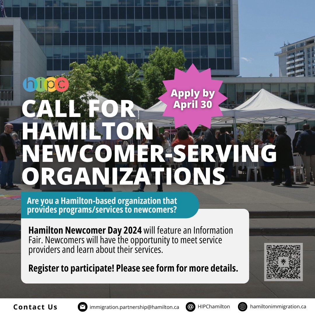 Get ready for an afternoon of networking &amp; community-building at #HamiltonNewcomerDay 🤝. 

We invite newcomer-serving organizations to apply to participate in our Information Fair that connects newcomers with helpful resources! 

Apply by April 30: forms.gle/AxpLCVAzmXdDih…