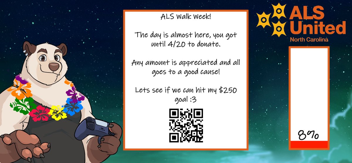 4/20 is almost here! Last week to donate if you want to help ALS United of NC, before the walk. 

Plus it all goes under team Dogbombs total :3

Can use the QR or my link-
secure.alsnc.org/goto/SirPizzly

Cant wait to get walking in fursuit this weekend!

#furry #charity #ALS #dogbomb