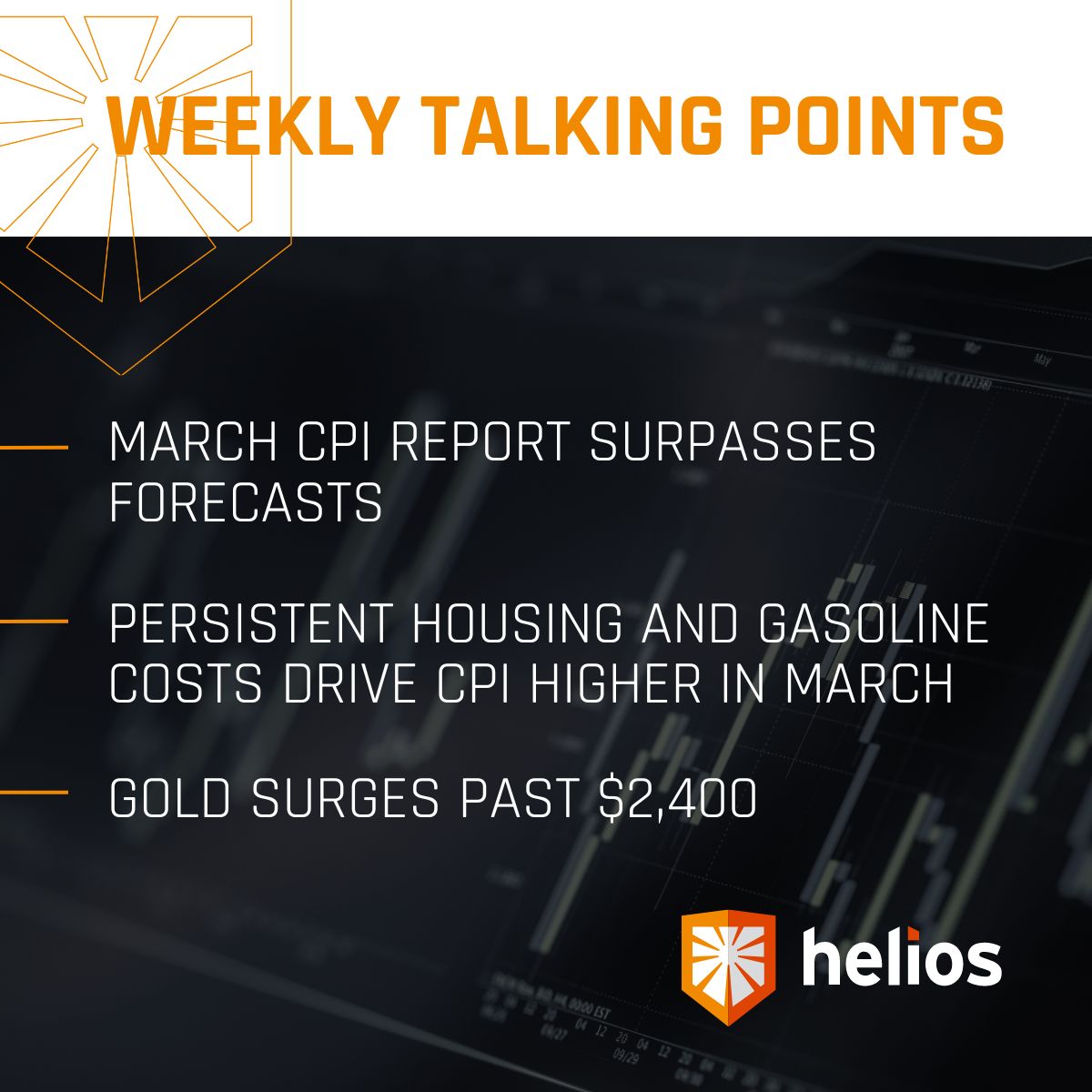 Your weekly talking points are here 👇
→ US Inflation Heats Up: March CPI Figures Exceed Expectations
→ Gold Surges Past $2,400 as Middle East Tensions Fuel Demand

Sign-up with Helios for more insights here: 
heliosdriven.com/weekly-talking… 

#FinancialTrends #MarketCommentary