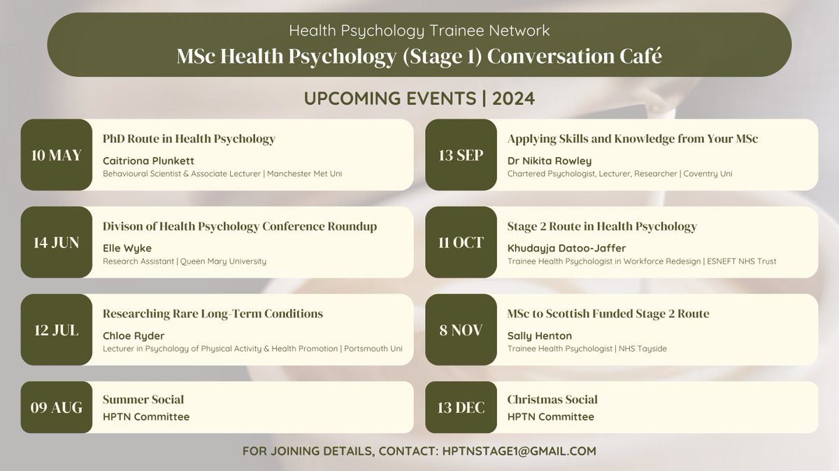 We're excited to announce an exciting line-up of events as part of our #HealthPsychology Conversation Cafés! Join us every 2nd Friday of the month (12-1PM) as we delve into captivating discussions, gain insightful perspectives, and network with fellow trainees 🌟