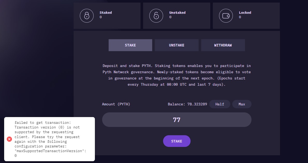 alexpar93's tweet photo. @PythNetwork me presenta este error al momento de poner en staking mis pyth network, que me sugieren hacer https://t.co/yqNaLrvvvi