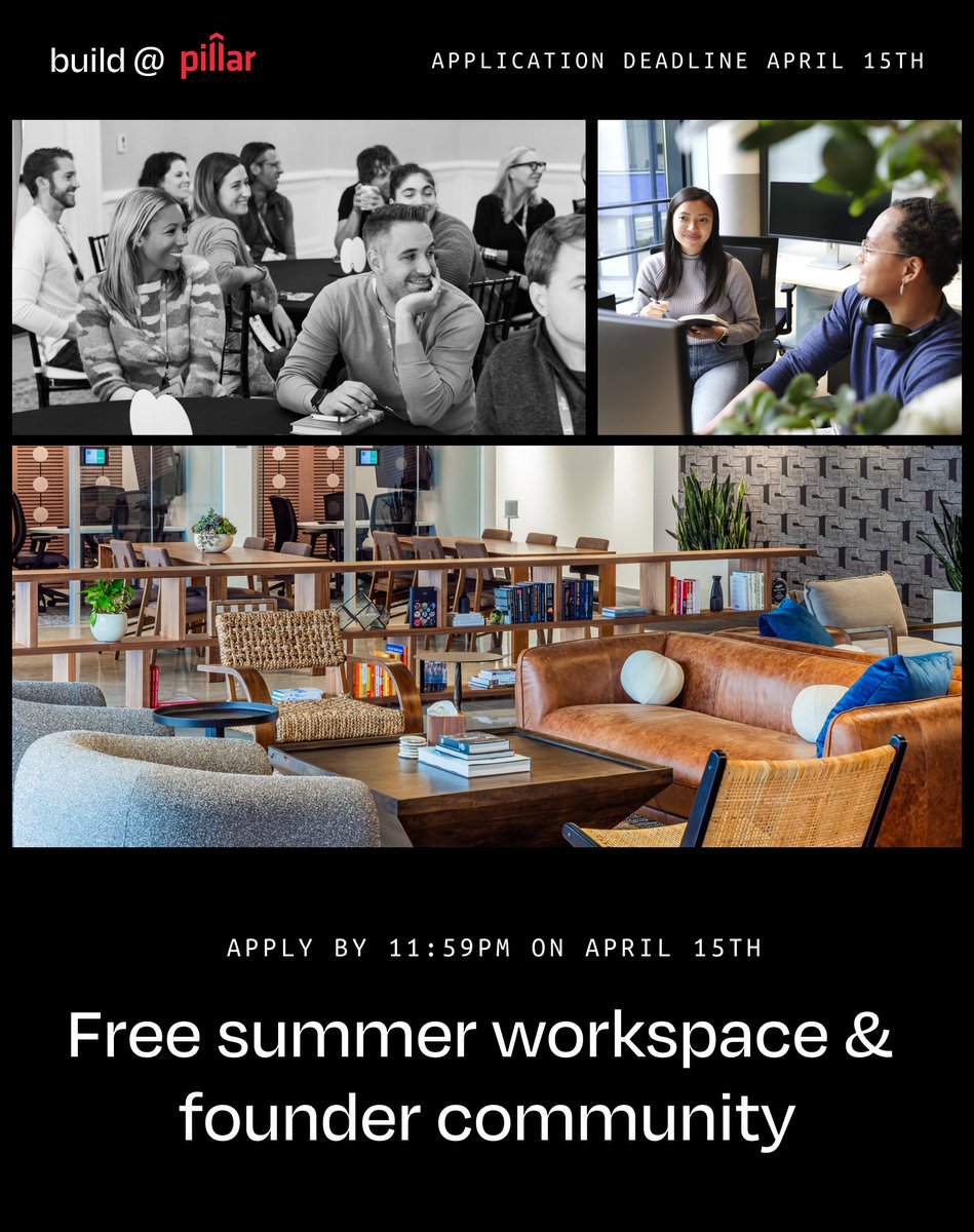 12 hours left to apply for Build @ Pillar VC! Join us this summer for free workspace, expert workshops, and more - apply now at: pillar.vc/build/