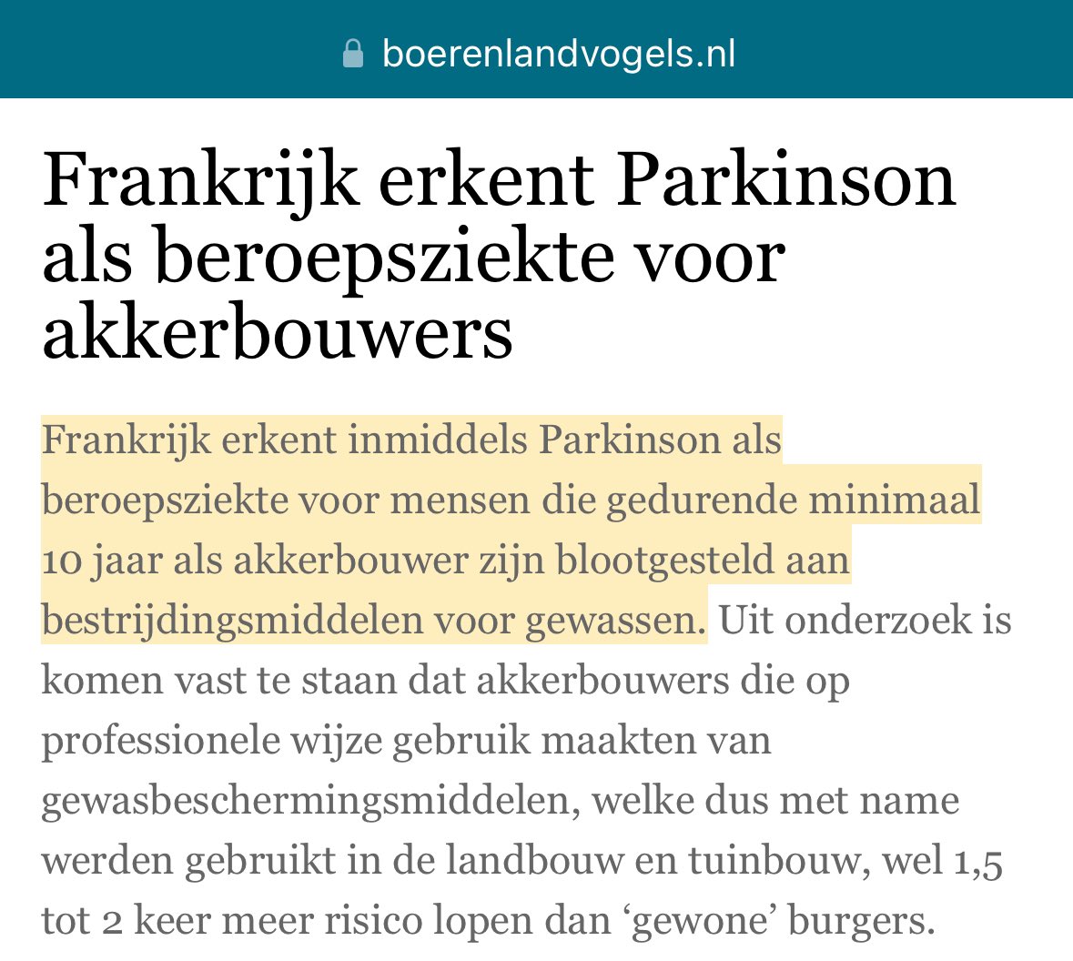 In gebieden waar jarenlang veel #BBB glyfosaat wordt gebruikt, is nu een Parkinson pandemie gaande. Maar er is zgn. geen verband. Omdat het niet onderzocht wordt! In Frankrijk is Parkinson erkent als beroepsziekte als je langer dan 10 jaar akkerbouwer bent geweest.