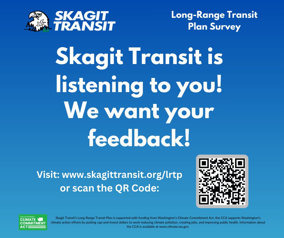 📢 Your voice matters! Join Skagit Transit's survey and help us improve! 🚌💬 Participate here: skagittransit.org/lrtp/ #Feedback #PublicTransit