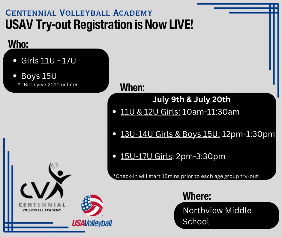 Centennial Volleyball Academy (@centennialvba) on Twitter photo Registration is live! 
Register here: go.teamsnap.com/forms/427104 Registration is live! 
Register here: go.teamsnap.com/forms/427104