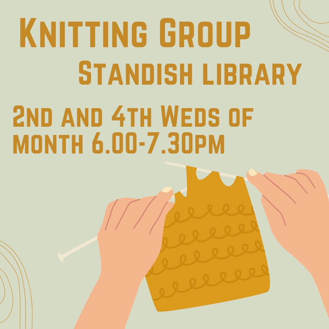 Calling all knitters! Come along to Standish library on the 2nd and 4th Wednesday of the month, 6.00-7.30pm to share your skills and chat in a relaxed environment - equipment provided or bring your own. Please ring 01257 400496 for more details and to check dates #StandishLibrary