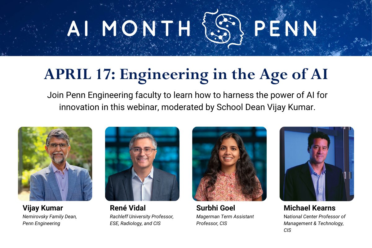 Join Penn Engineering faculty to learn how to harness the power of AI for innovation in our webinar, 'Engineering in the Age of AI.' The event takes place April 17 at Noon. Sign up now: bit.ly/4cKKxNO #AIMonthatPenn