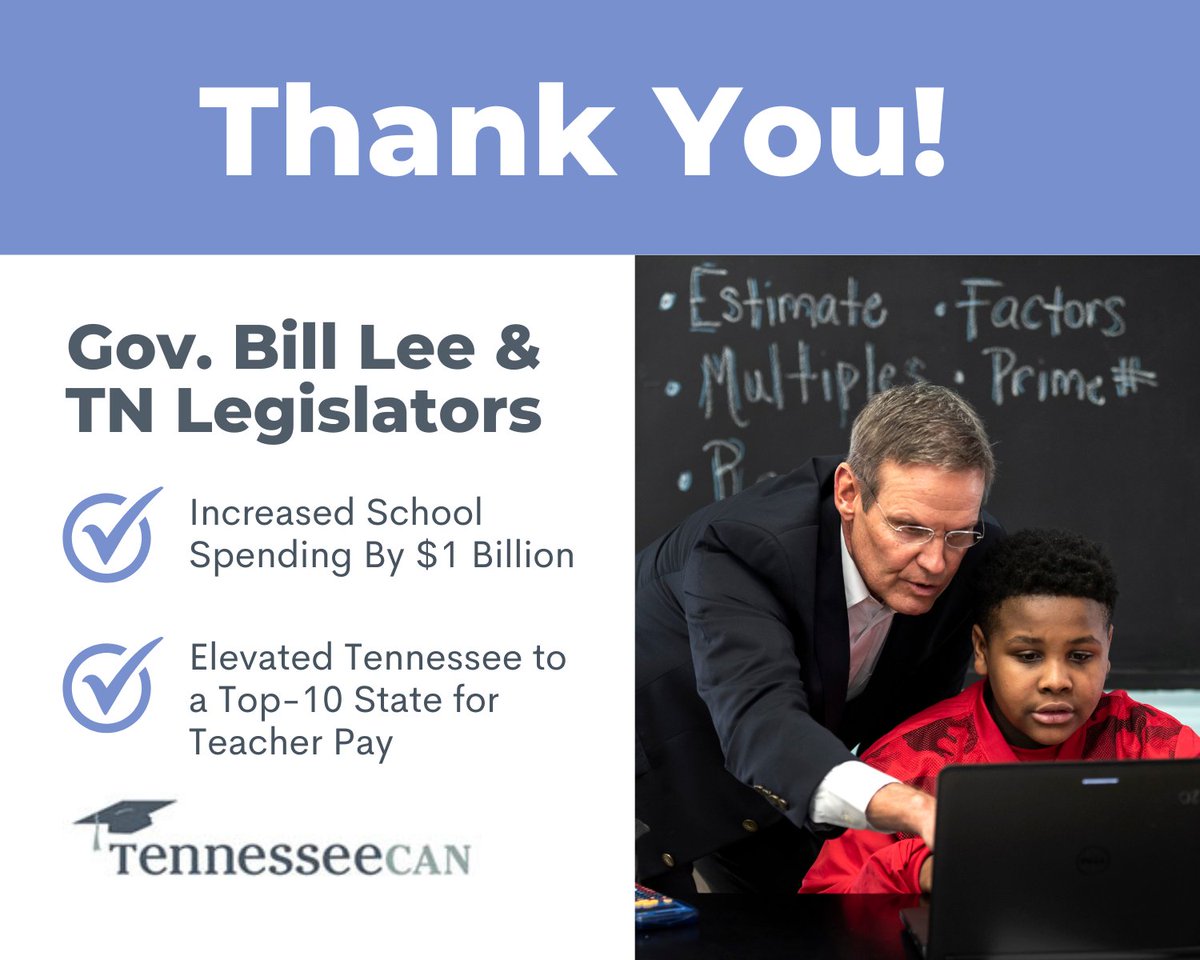 .@GovBillLee & #TNLeg Education Plan:
✅ Increased Resources: $1 billion boost for schools
✅ Rewarding Teachers: TN  top 10 for teacher pay
❓ Expanding Choices: Vote happening THIS WEEK 

Let's stand for choices! Urge your legislators to vote yes for #EducationFreedom!