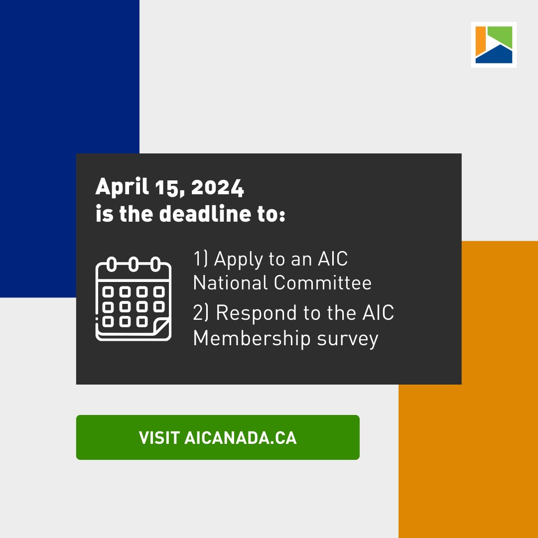 Deadline alert! 🚨 

Apply to an AIC National Committee here: aicanada.ca/members-home/m…

Respond to the AIC Membership survey here: aicanada.ca/notifications/…

#ProfessionalAppraisers
#PApp